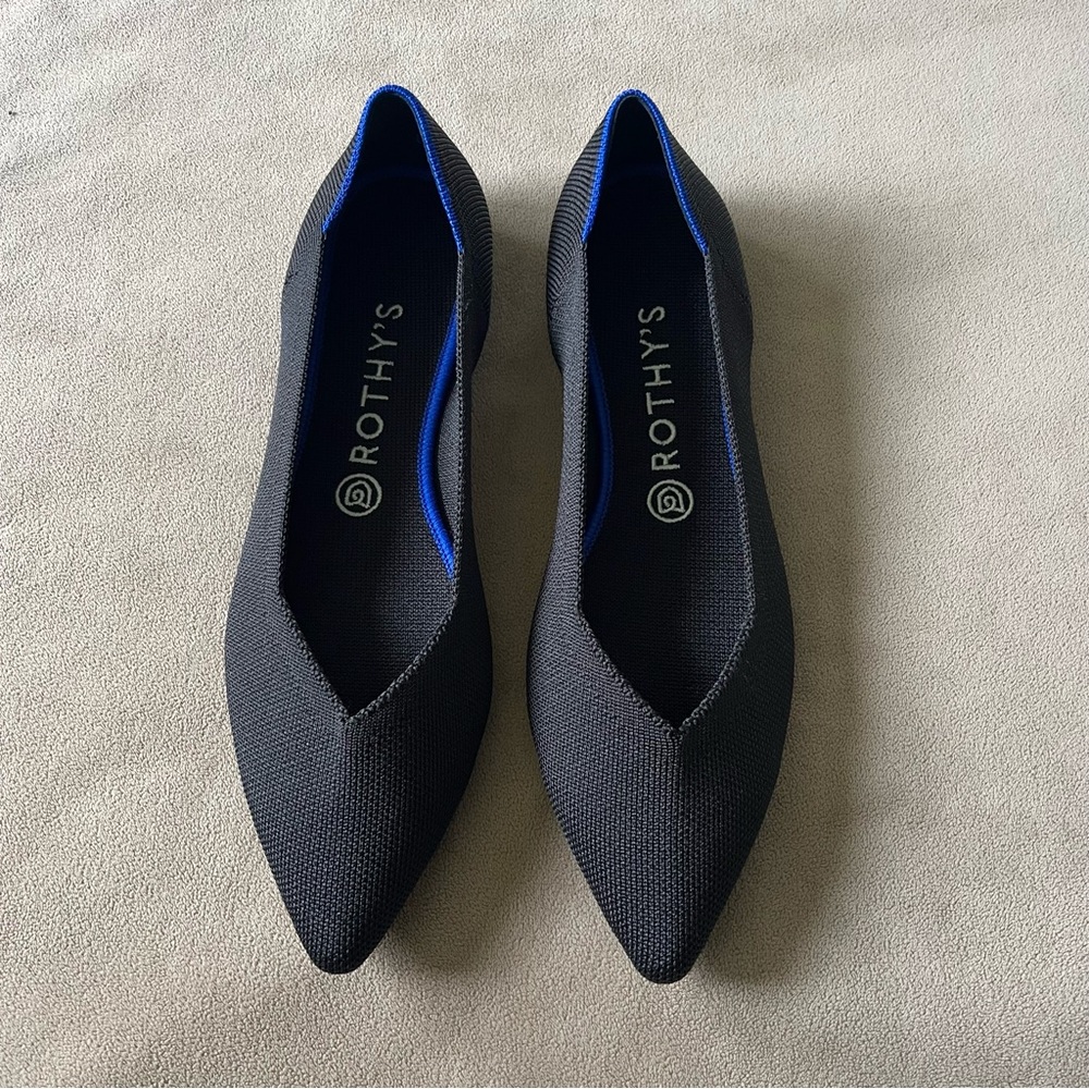 Rothy's Black Pointed Toe Flats with Blue Trim - Picture 3 of 10